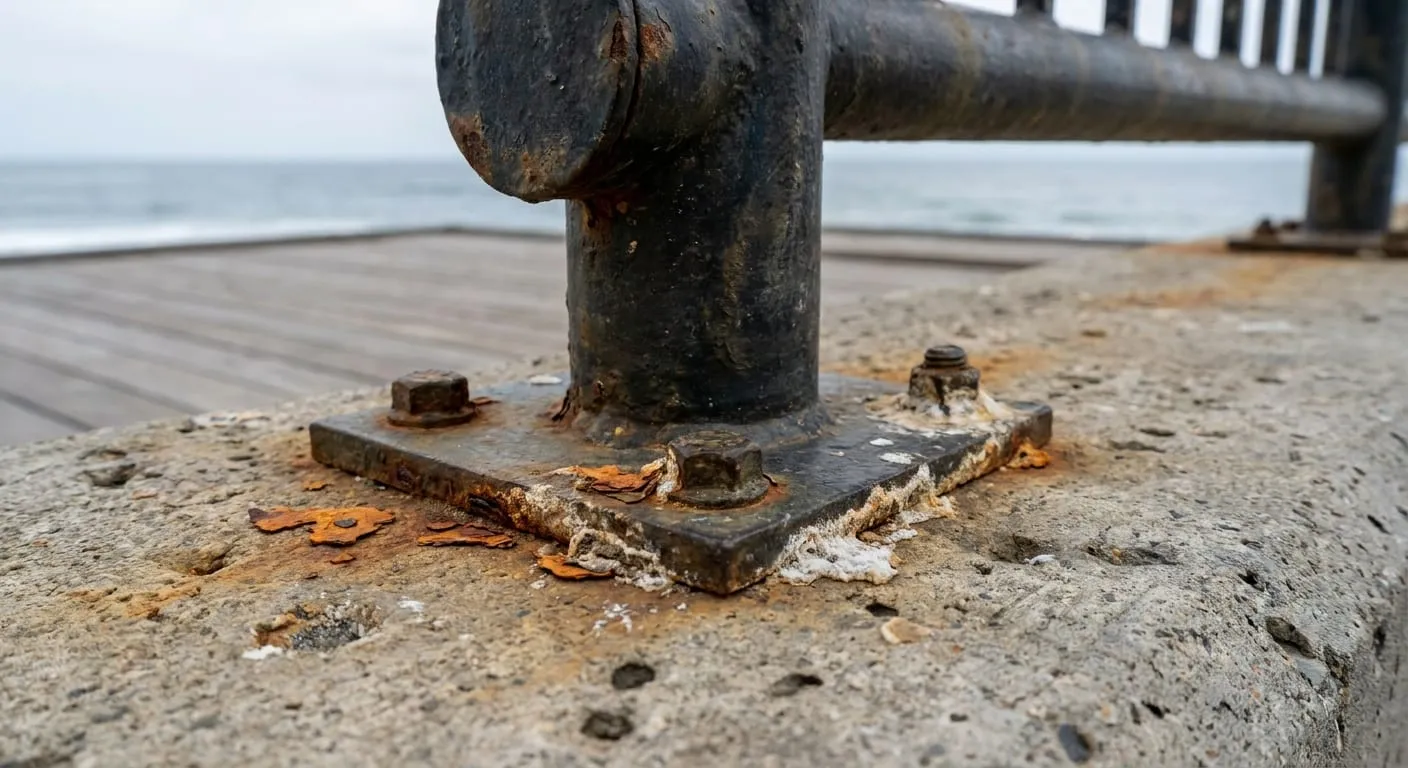 Rusted base plate and bolts of a metal railing post by the sea