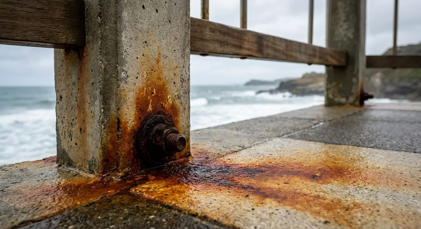 Rust stains running from a corroded bolt on a concrete railing post by the sea