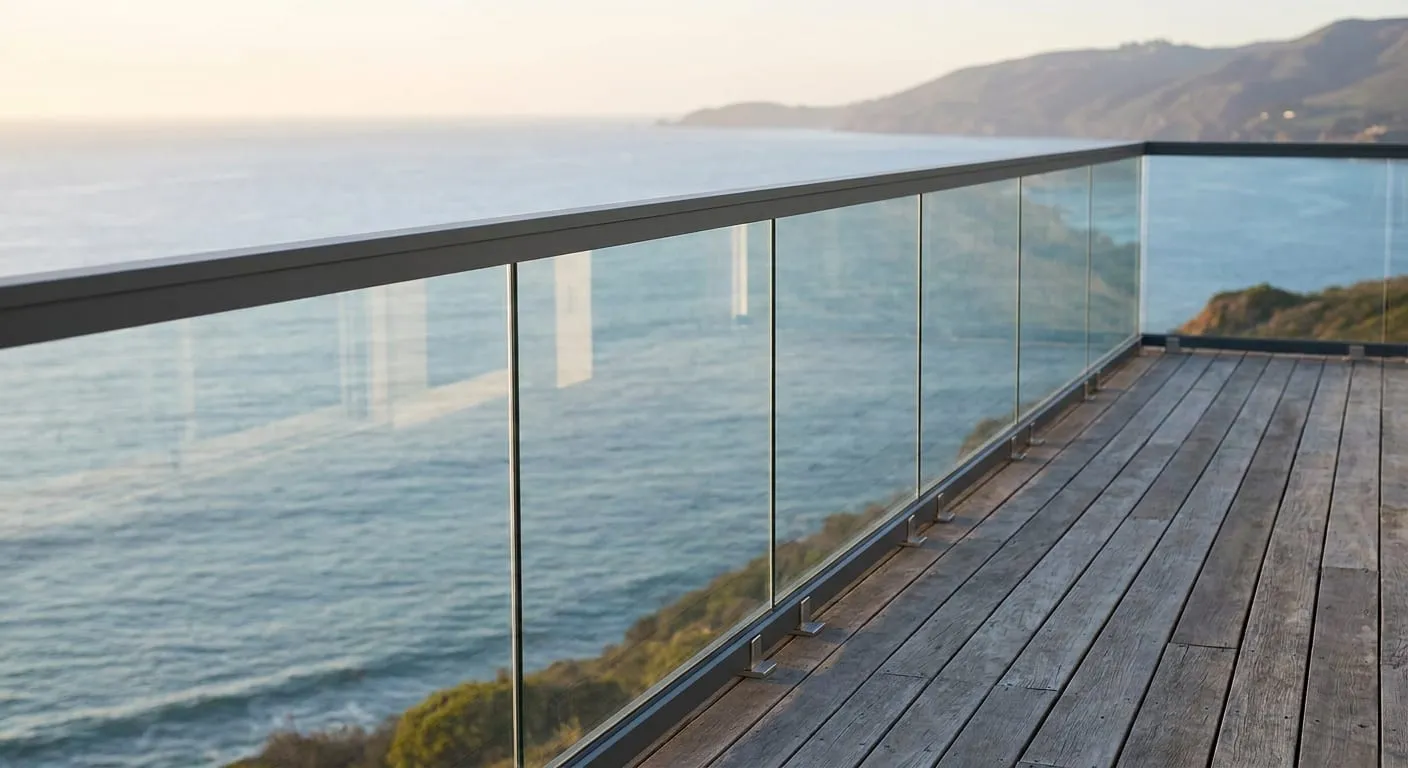 Glass railing with a metal top rail on a wooden deck overlooking the ocean