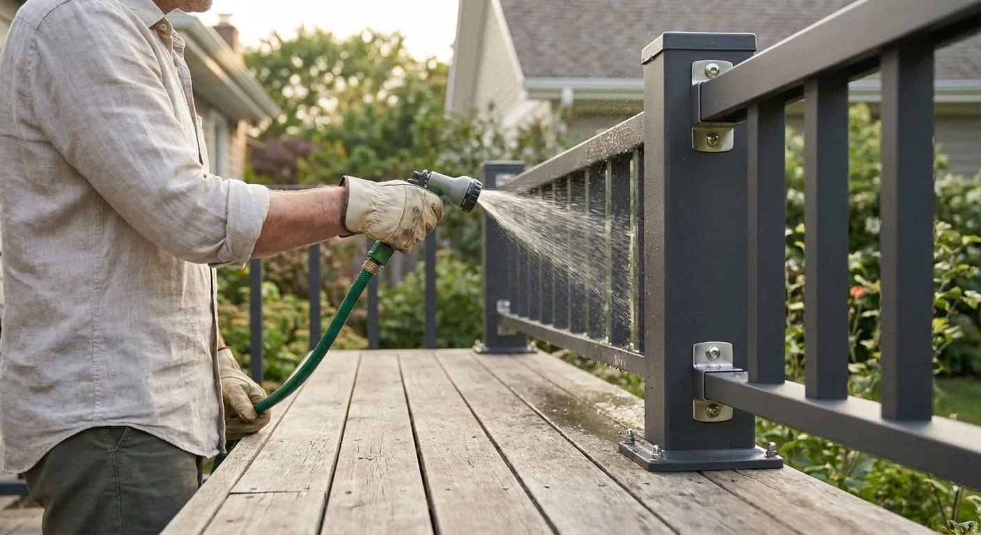 Man rinsing a dark grey metal deck railing with a garden hose