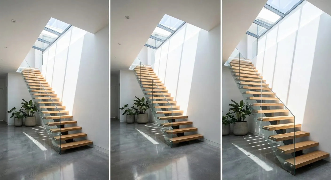 Three views of an open-tread wooden staircase with a glass railing under a skylight