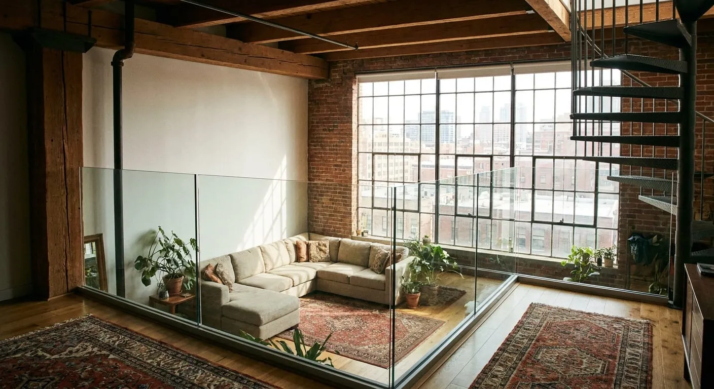 Glass railing around a sunken living room in a brick-walled loft