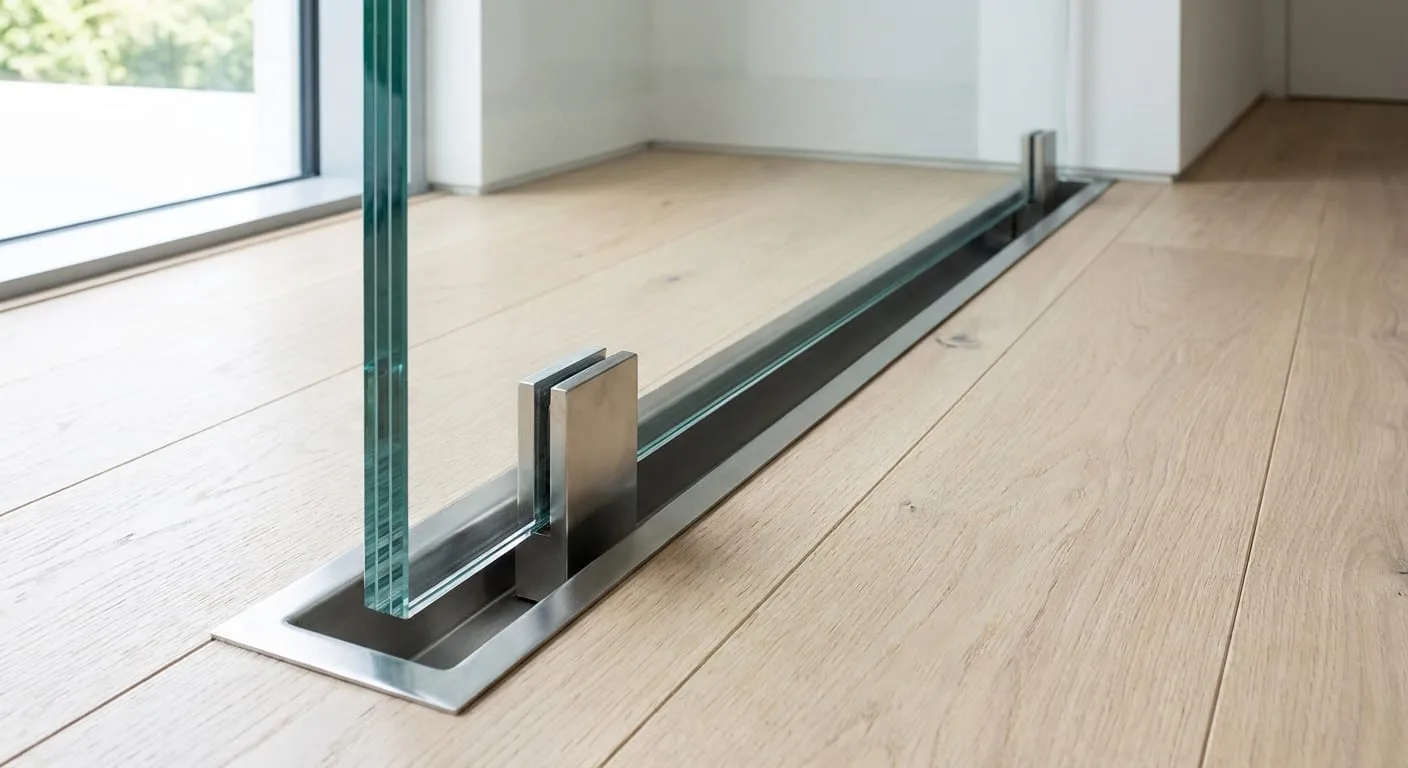 Glass railing panel set into a stainless steel floor channel on a wood floor