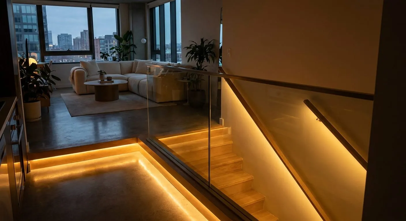 Glass stair railing with a lit wooden handrail in an apartment at dusk