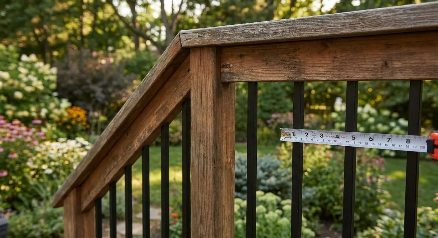 Tape measure across the gaps between black balusters on a wood deck railing