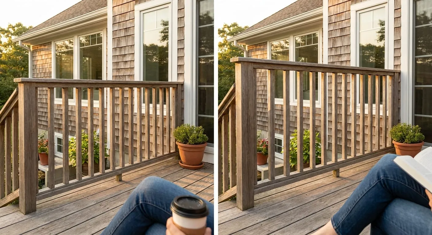 Side by side: a lower and a taller wood deck railing seen from a seat