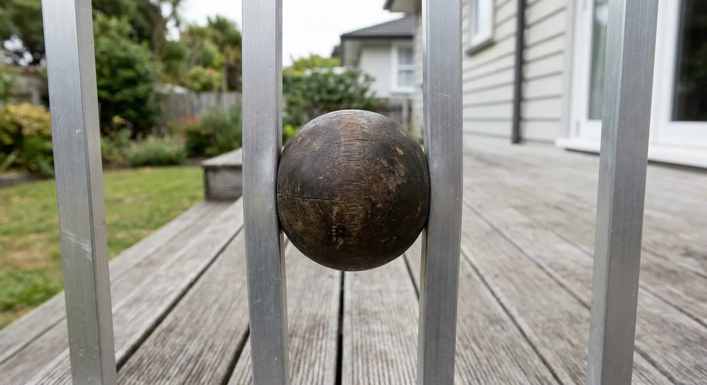 Wooden ball held between the metal balusters of a deck railing to test the gap