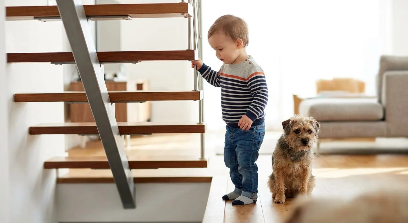 Toddler holding the railing of an open-riser staircase beside a small dog