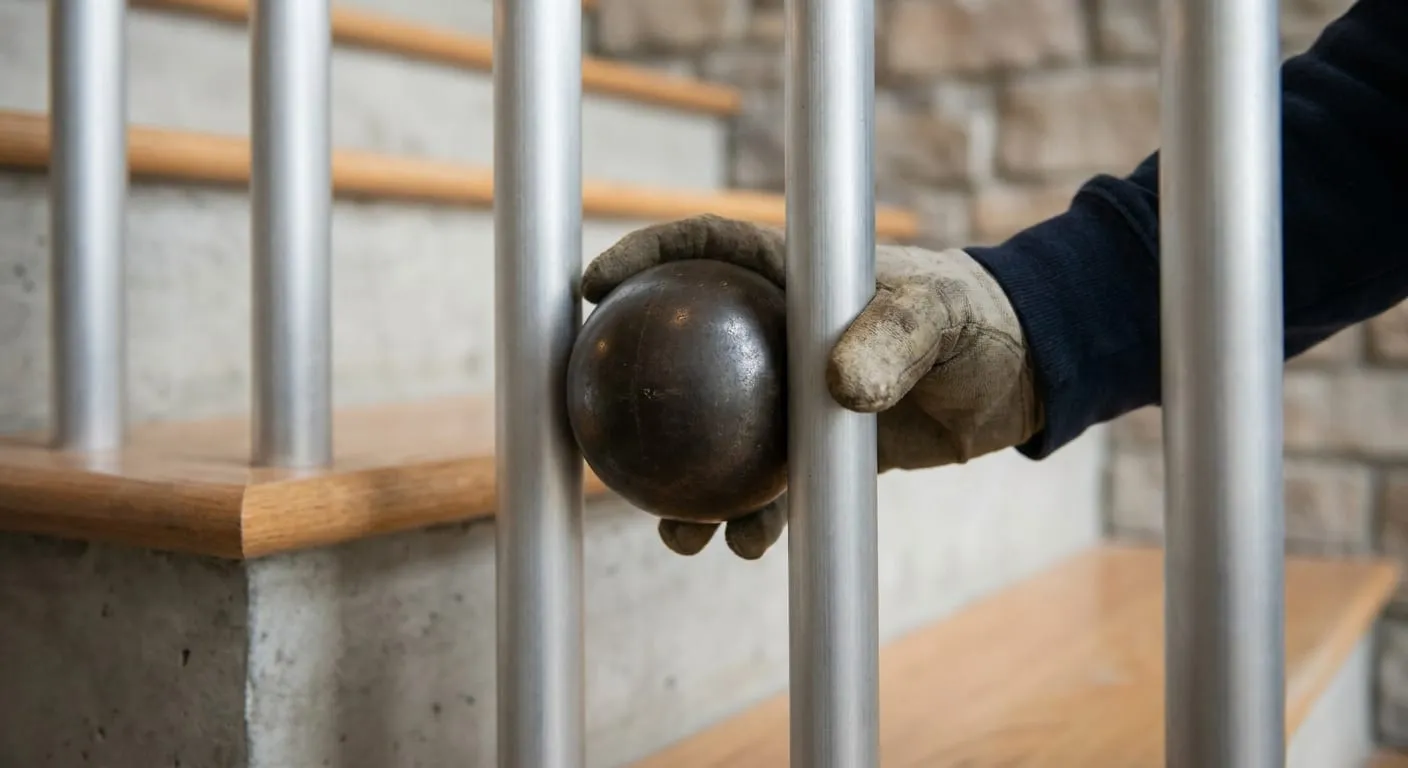 Gloved hand testing the gap between metal stair balusters with a ball