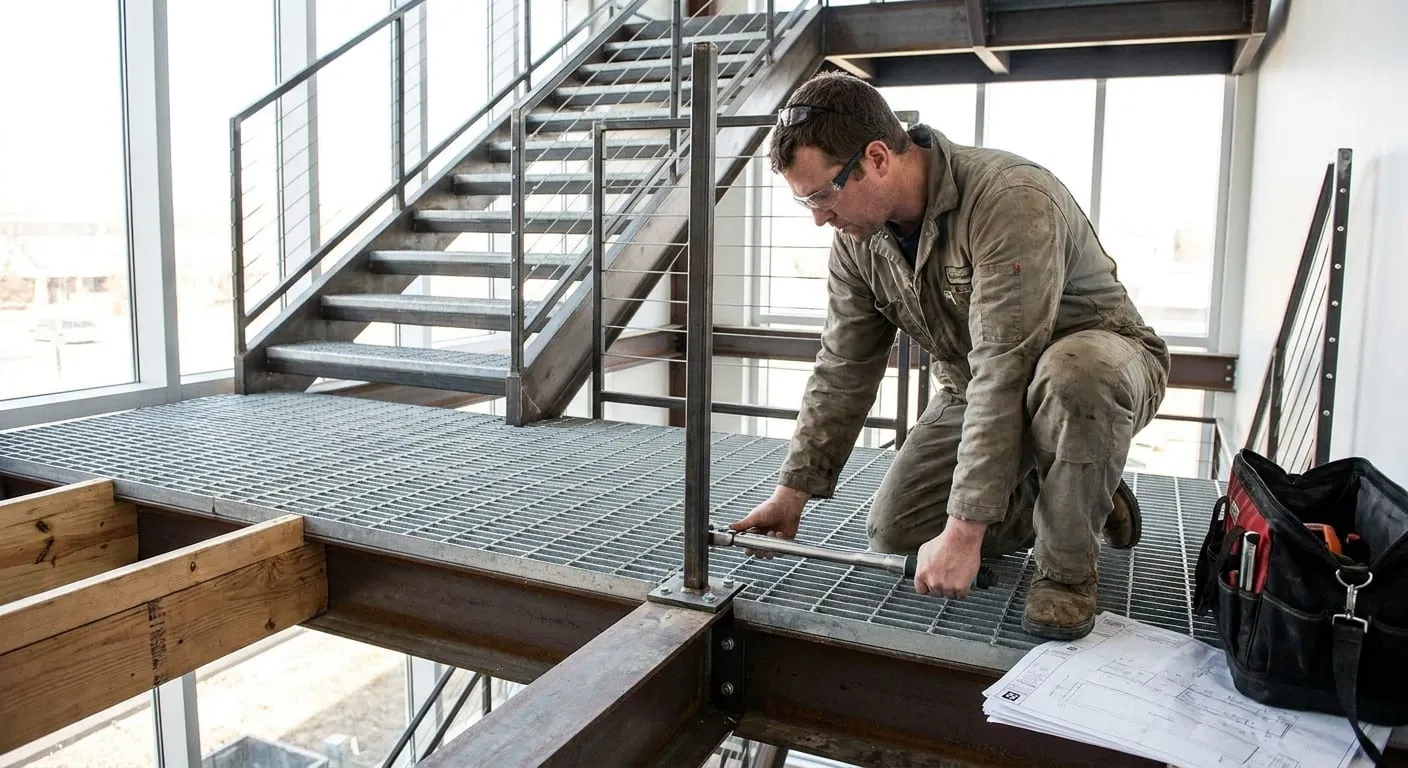 Worker tightening a railing post on a steel grate landing by a staircase