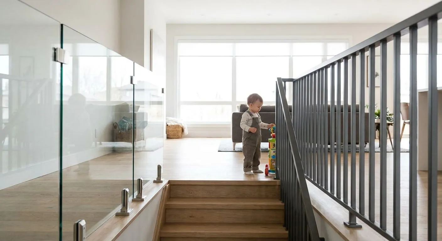 Toddler at the top of a short stair between a glass railing and a metal railing