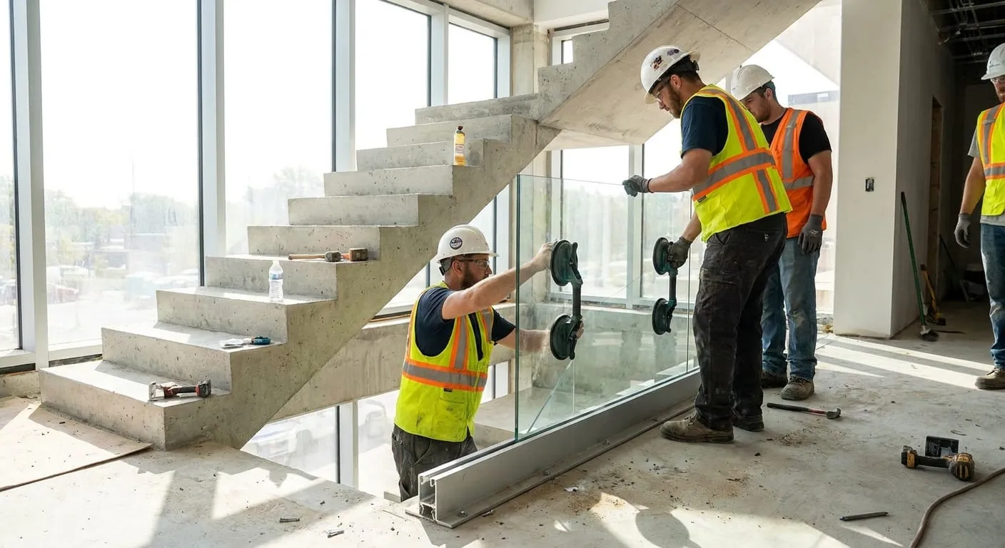 Workers fitting a glass railing panel into a base channel beside concrete stairs