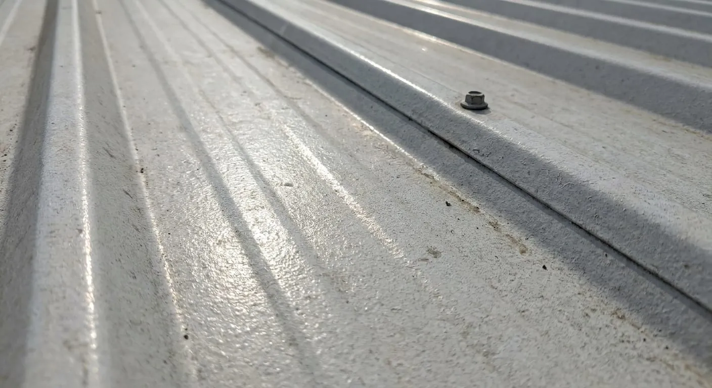 Close-up of a light grey corrugated metal roof panel with a screw fastener