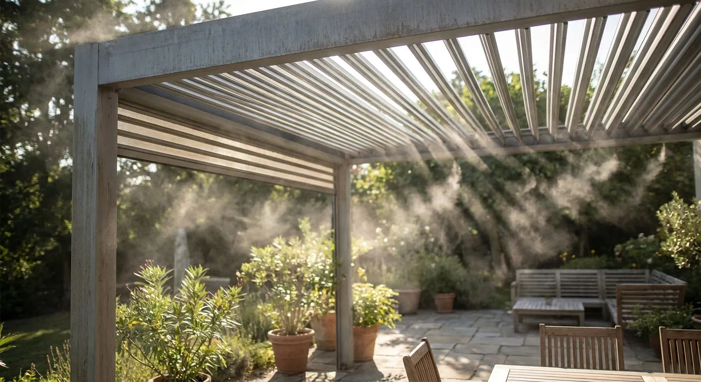 Louvred patio cover letting sunlight and mist into a garden patio