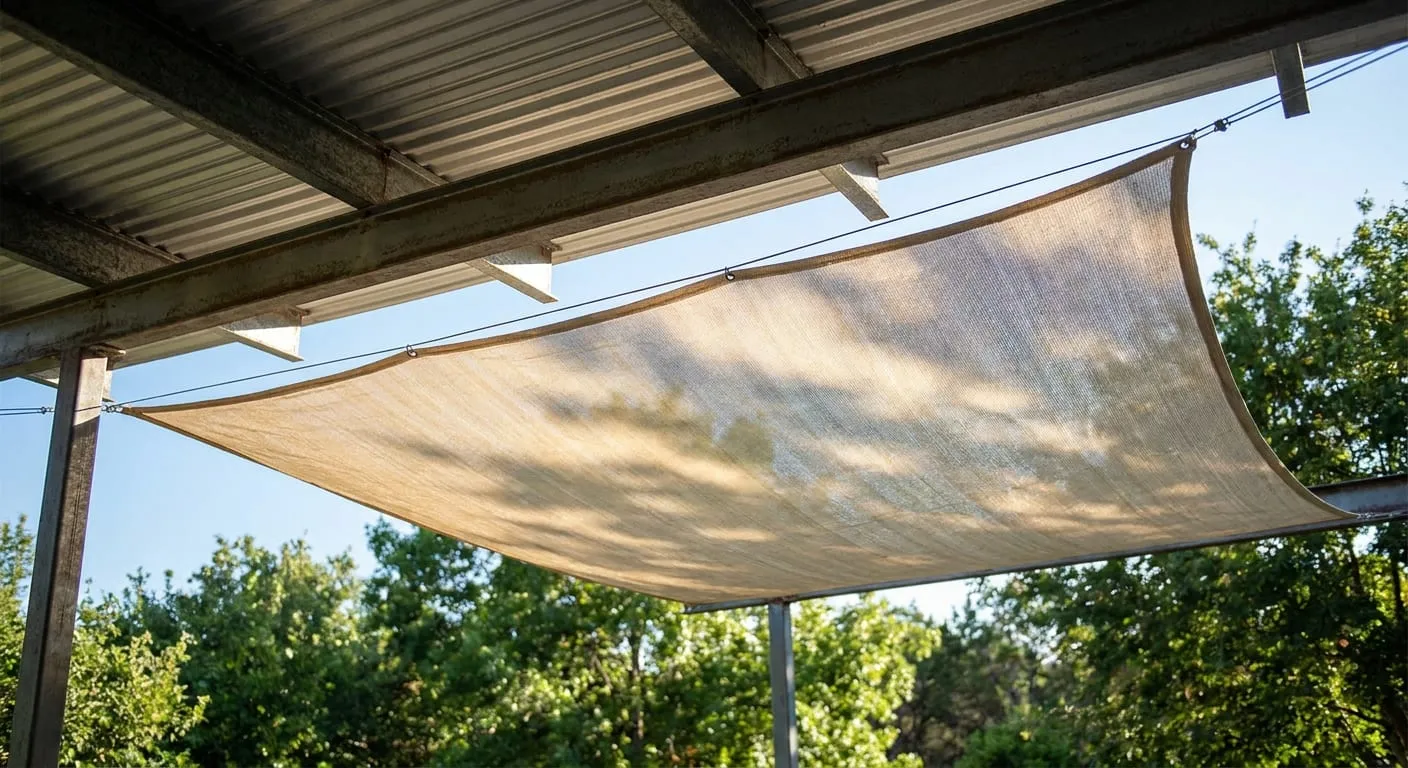 Shade sail strung under a corrugated metal patio cover