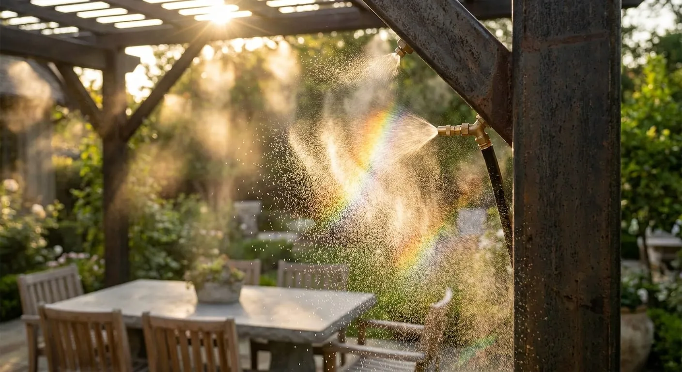 Misting nozzles spraying a fine mist from a patio cover post over a table