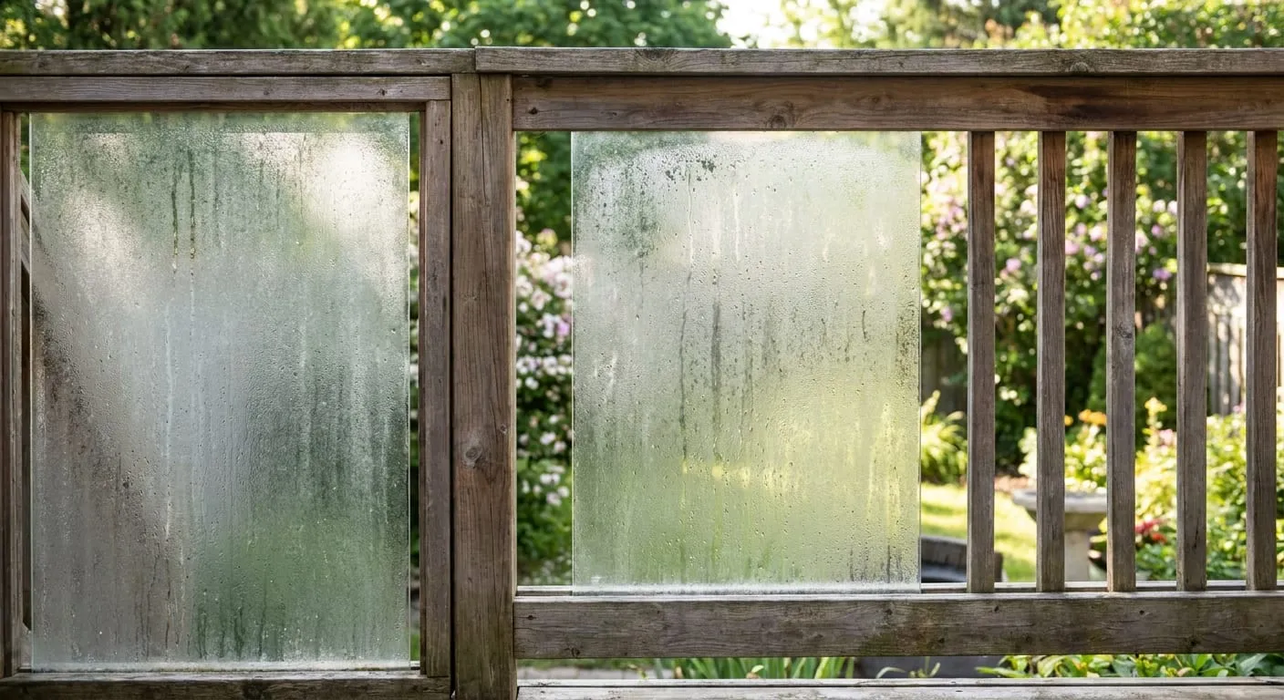 Cloudy, water-streaked glass panels set in a weathered wood deck railing