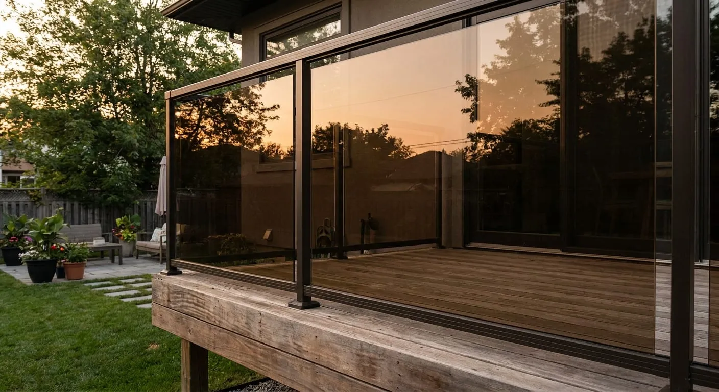Tinted glass railing with dark frames on a raised backyard deck at sunset