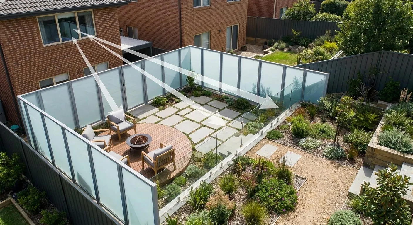 Aerial view of a patio walled with frosted glass, with arrows showing a neighbour's sightlines