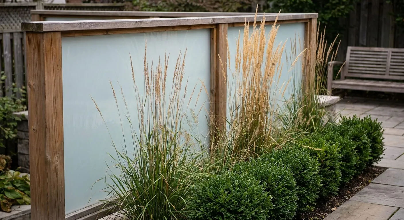 Frosted glass privacy screen in a wood frame behind ornamental grasses and shrubs