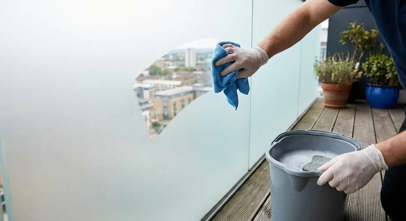 Gloved hand wiping a frosted glass balcony panel beside a bucket of soapy water
